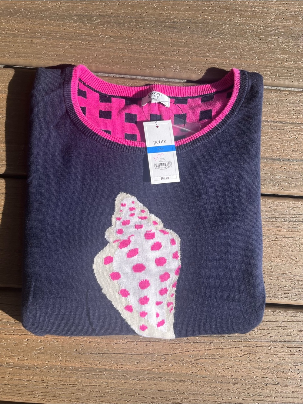 NWT Croft & Barrow Navy Sweater with Pink Shell Motif